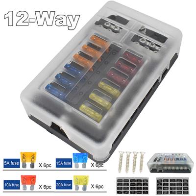 32V Plastic Cover Fuse Box Holder M5 Stud With LED Indicator Light 12 Ways Blade For Auto Car Boat Marine Trike RVs Ship Pickup