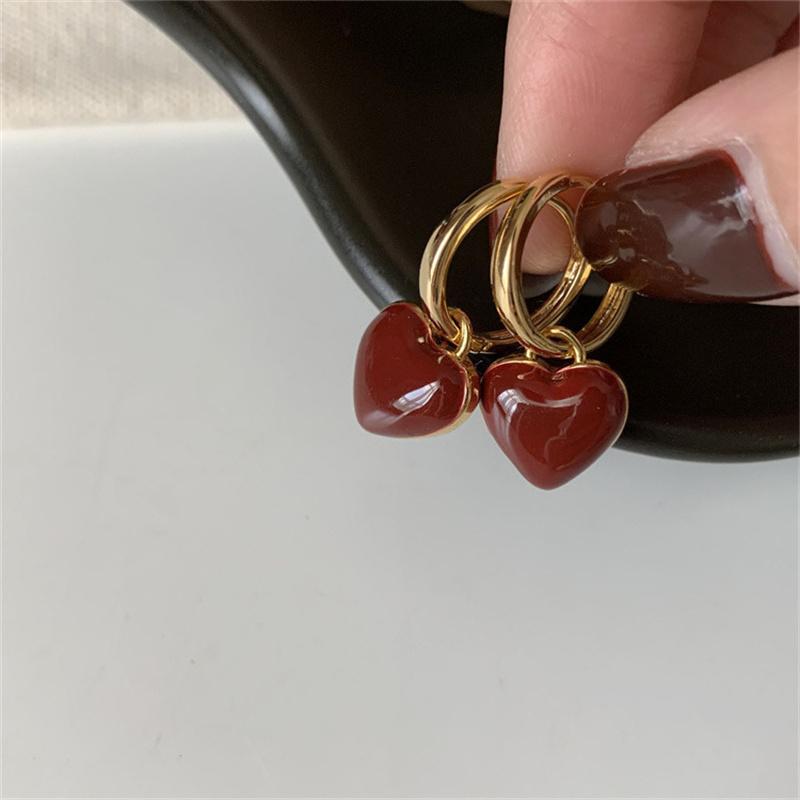 

New Simple Design Wine Red Love Heart Dangle Earrings for Women Gold Color Circle Vintage Peach Drop Earring Can Be Separated
