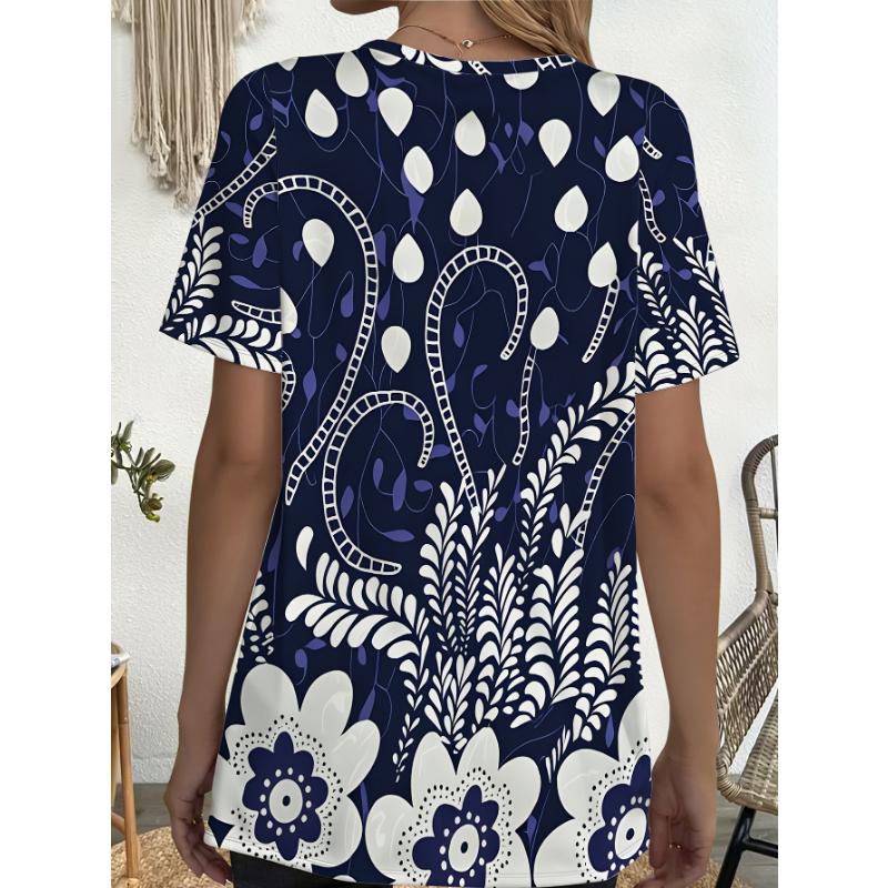 Ladies' Large Abstract Flower Tear Drop Printed T-shirt with Pocket Design