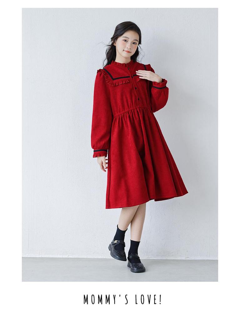 Girls' Red Ruffle Stand Collar Long Sleeve Waist-Hugging Dress for Autumn