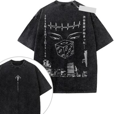 Jujutsu Kaisen Incydent w Shibuya Gojo Satoru Vintage Spłowiony T-shirt Anime, Unisex Ciemna Fantastyka Fan Anime Streetwear Koszulka, 100% Bawełna Codzienny Krótki