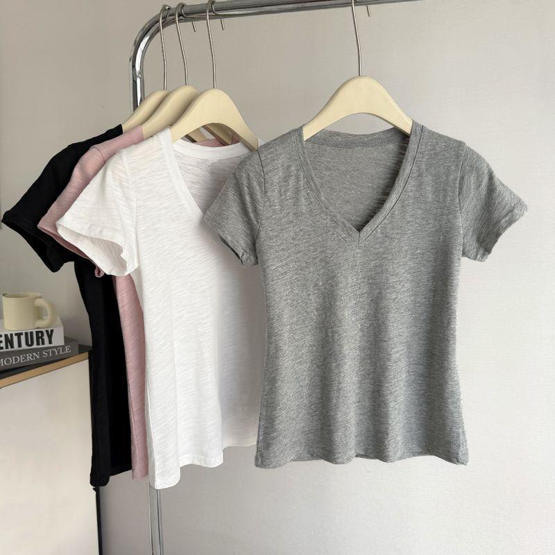 

Women s Slim-Fit V-Neck Waist-Cinching T-Shirt - Summer Short Sleeve S