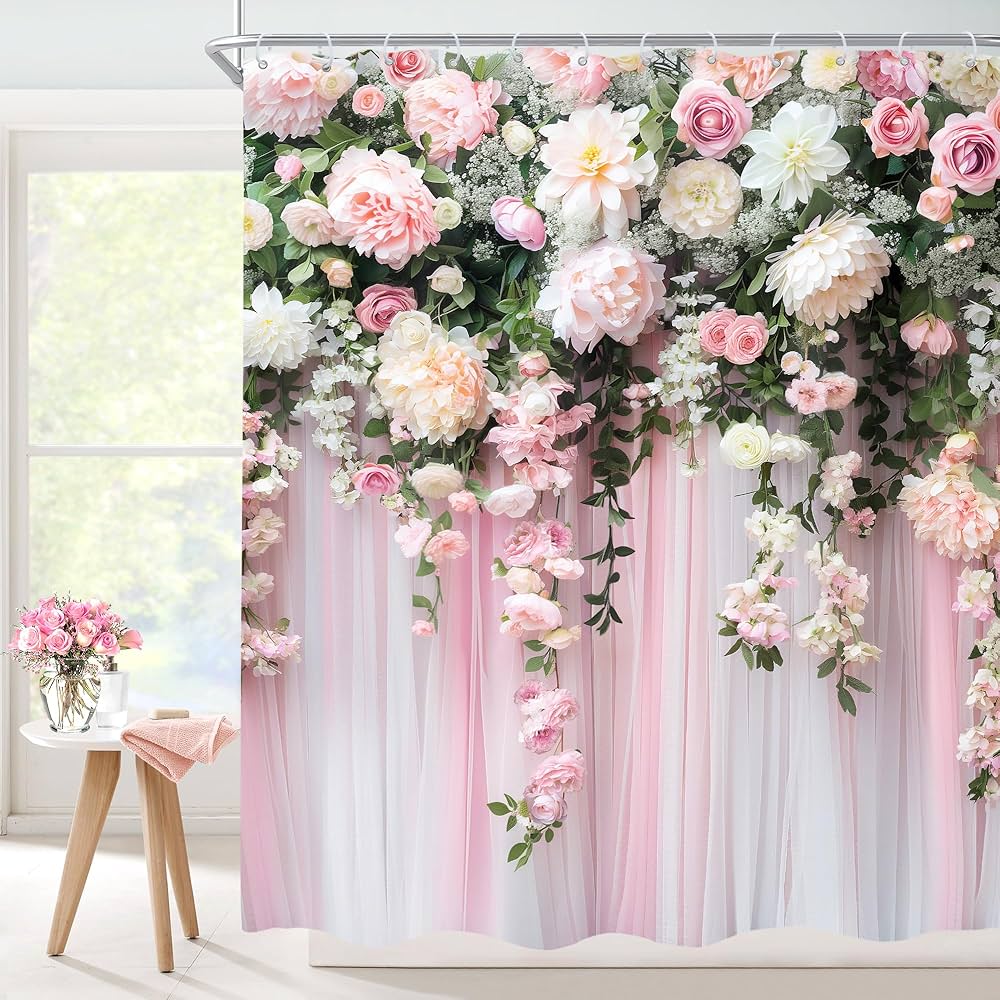 Pink Floral Shower Curtain Kids Decor Spring Flower Park Forest Road Landscape Scenic Bathroom Curtain Decor Set with 12 Hooks