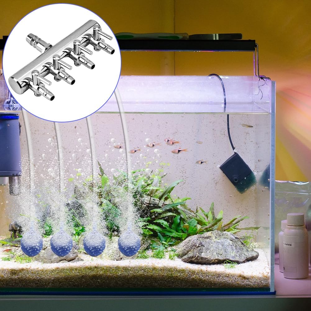 Joyzan Air Splitter Flow Control Valve, Aquarium Flow Gang Lever Pump Distributor 4 Way Stainless Steel Fish Tank Manifolds Multi Port T Shaped Line