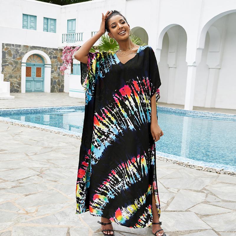 Bohemian Beach Kaftan Dresses for Women Tie Dye Summer Maxi Robe Summer Swimsuit Cover Ups Holiday Bathing Suits Factory Supply Big Sales