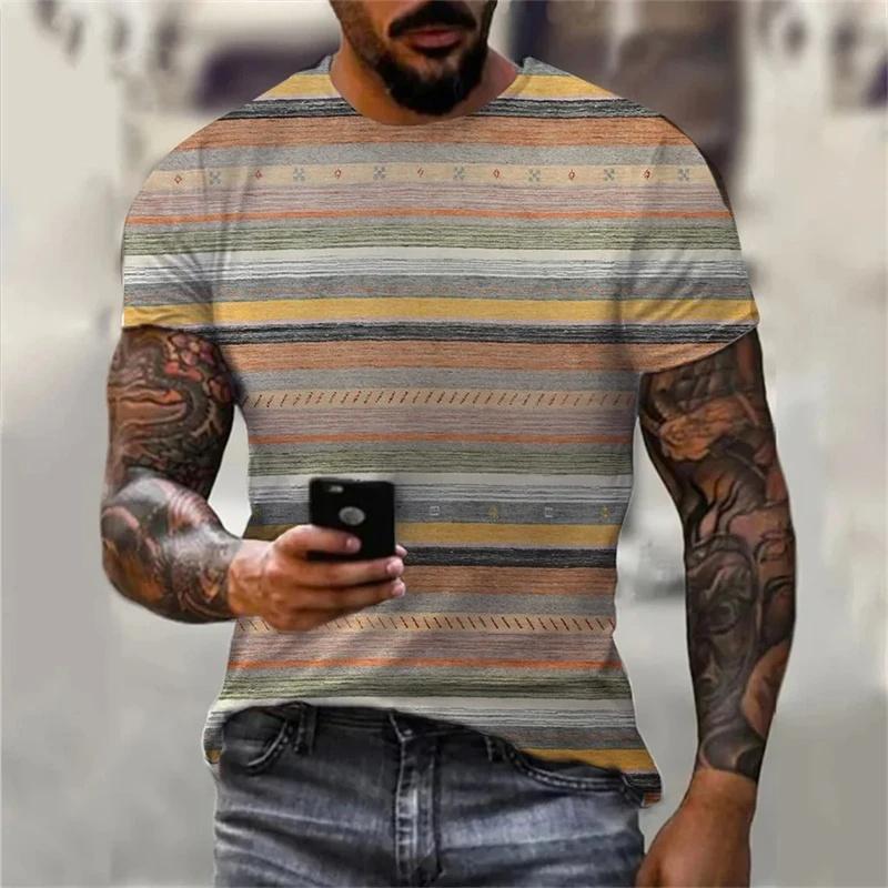 Stripe Graphic T-Shirt For Men Color Block 3D Printed Tees Summer Casual O-Neck Tops Loose Sports Short Sleeve Street T Shirts