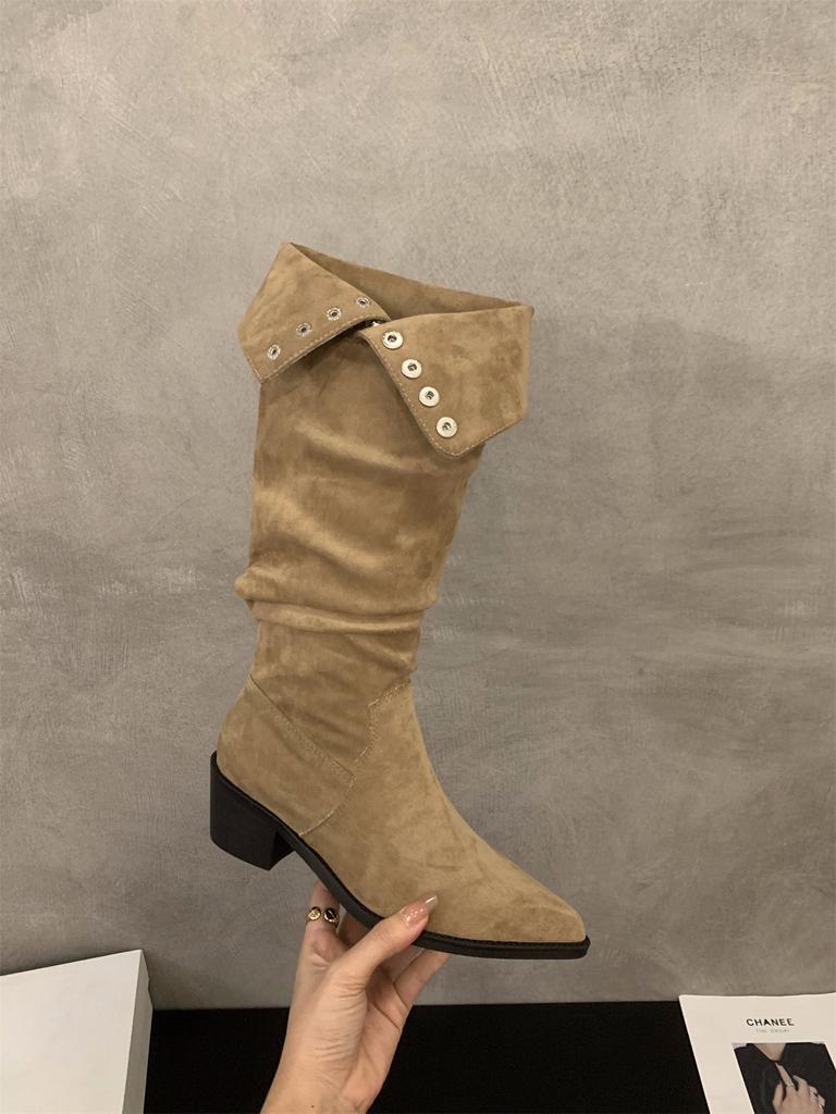 High Heel Coffee Suede Pile Medium Cycling Boots Shoes 2025 Winter Pointed Skinny Long Boots
