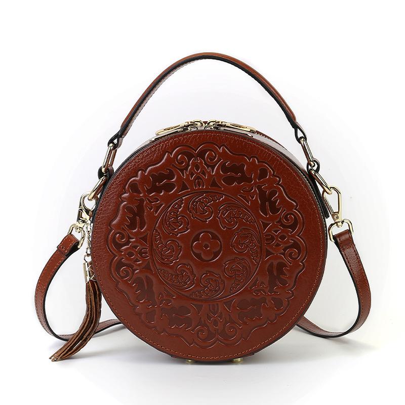 Vintage Embossed Small Round Bag, Transfer Handbag, Festive Women's Bag, Genuine Leather Bag, High-end Women's Shoulder Crossbody Bag