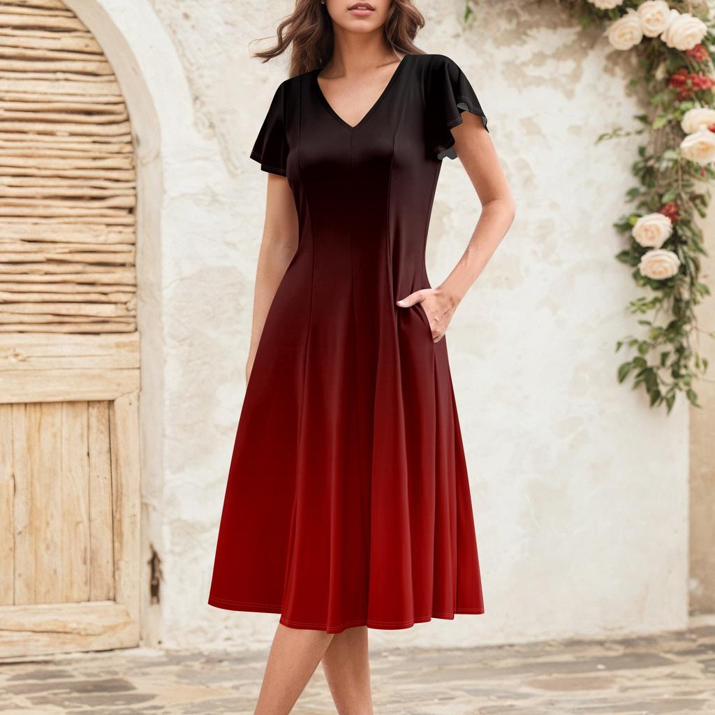 Women's Summer Fashion V-Neck Ruffle Sleeve Retro Elegant Midi Dress