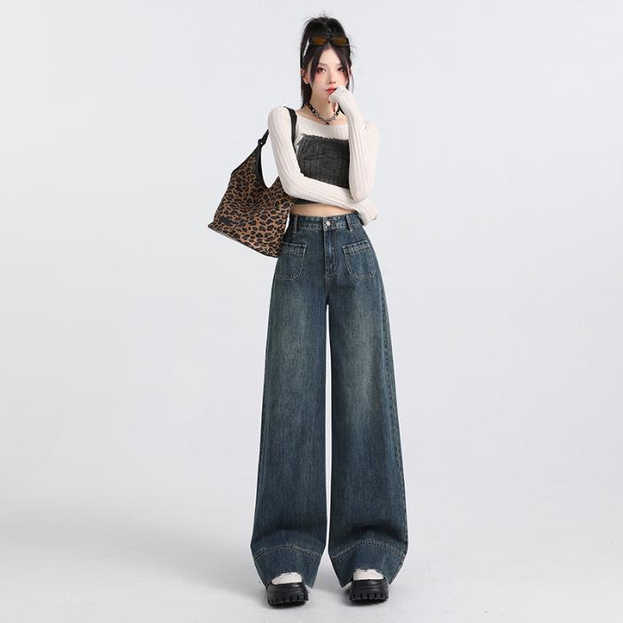 

Women s High Waist Denim Wide Leg Jeans - American Blue, Autumn Winter Style, Floor-Length, Loose Fit. M
