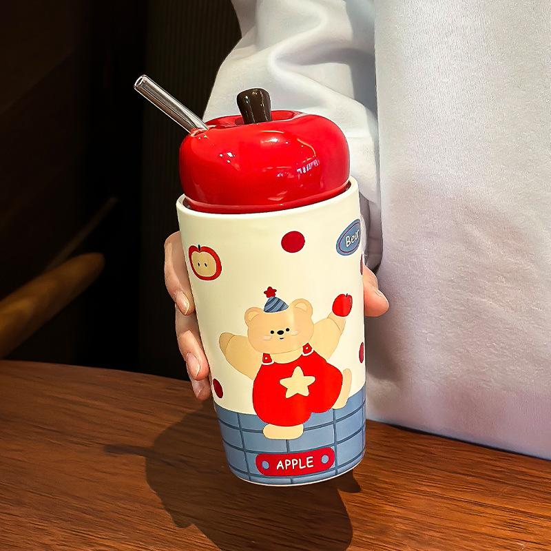 Roter Apfel Bär Keramiktasse Hochpräzise Niedlich Große Kapazität Wasserbecher Weiblich Feiertagsgeschenk Strohbecher