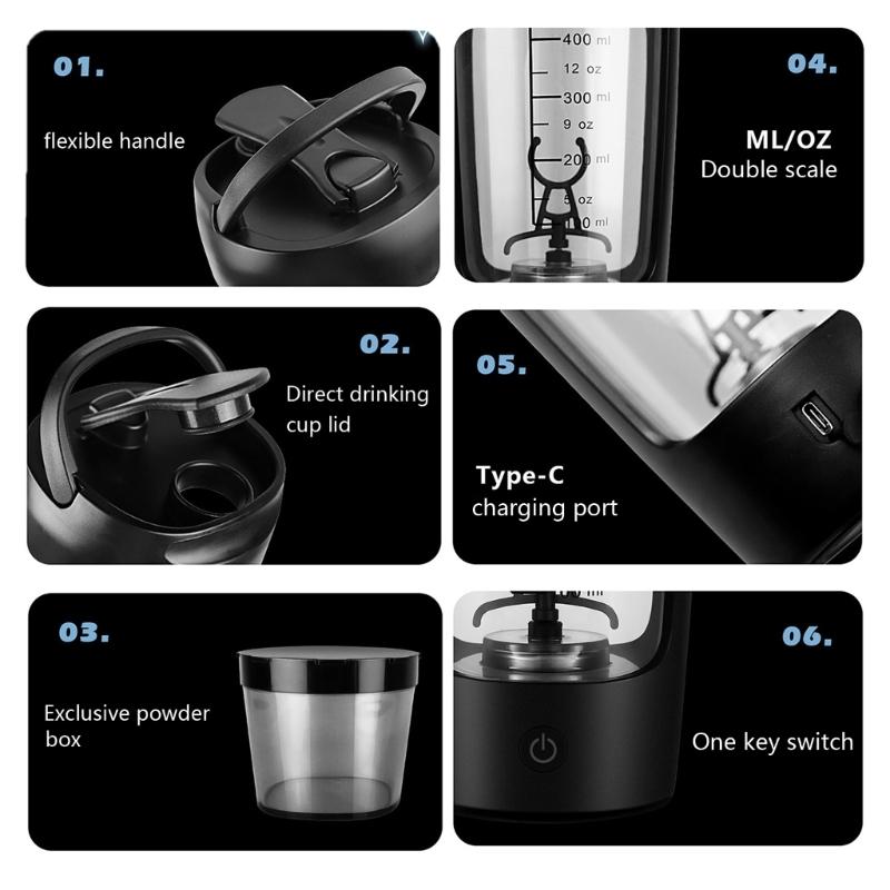 Electric Shaker Bottle 650ml Rechargeable Powerful with Powder Compartment for Smooth Protein Shakes Supplement Storage
