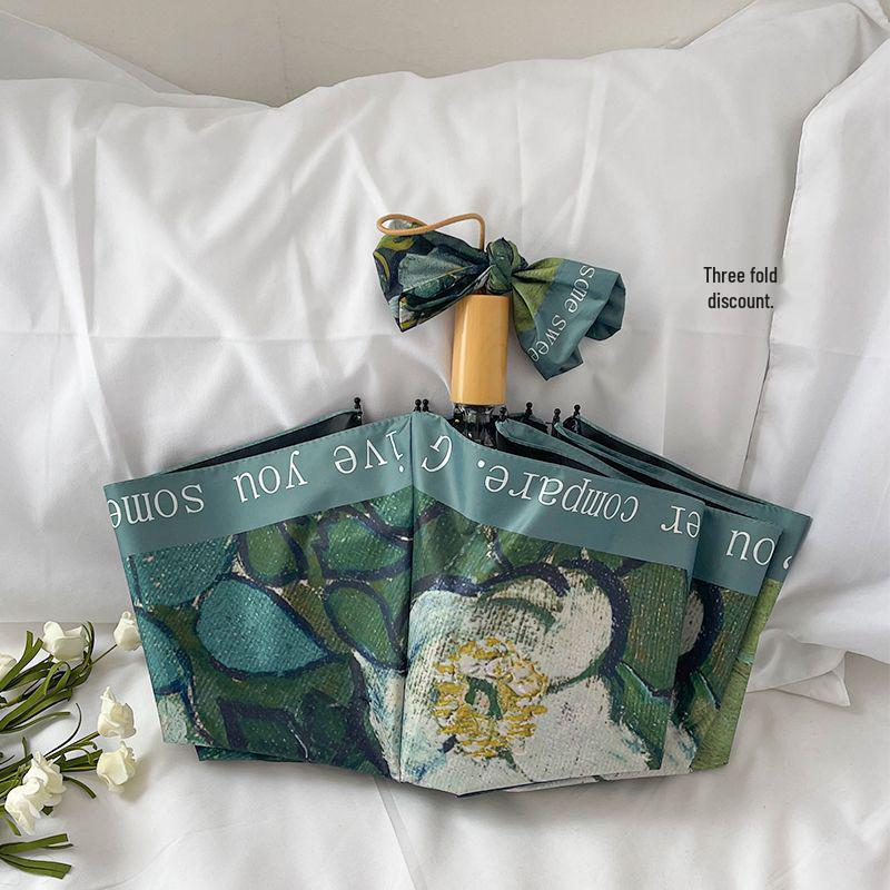 Automatic Digital Print Umbrella with UV Protection - Japanese and Korean Style Women's Sunshade, Three To Five-Fold.