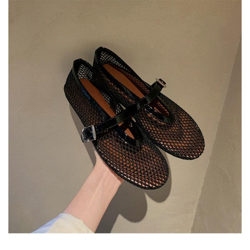 Leather Hollow Mesh Sandals Women's Summer One-word Buckle with Round Head Flat Bottom Shallow Mouth Mary Jane Single Shoes