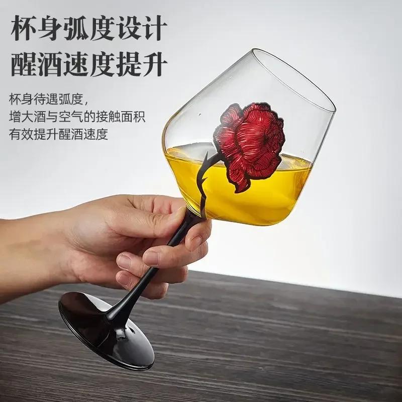 1pcs Hand Drawn Red Rose Patterned Cup Wedding Red Wine Champagne Glass Valentine's Day Wedding Rose Pattern Glass Wine Glass