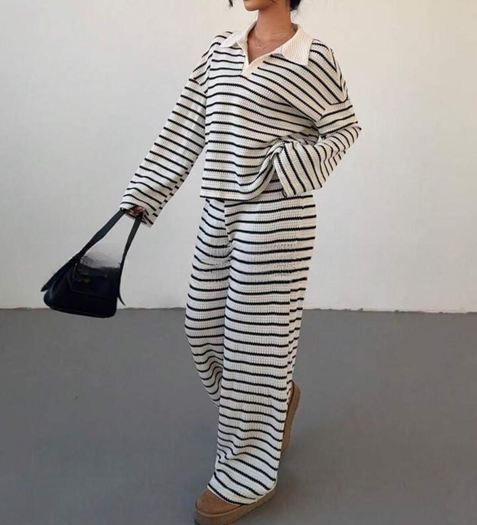 2025 Autumn Winter Striped Lapel Knit Top & Casual Trousers Set
