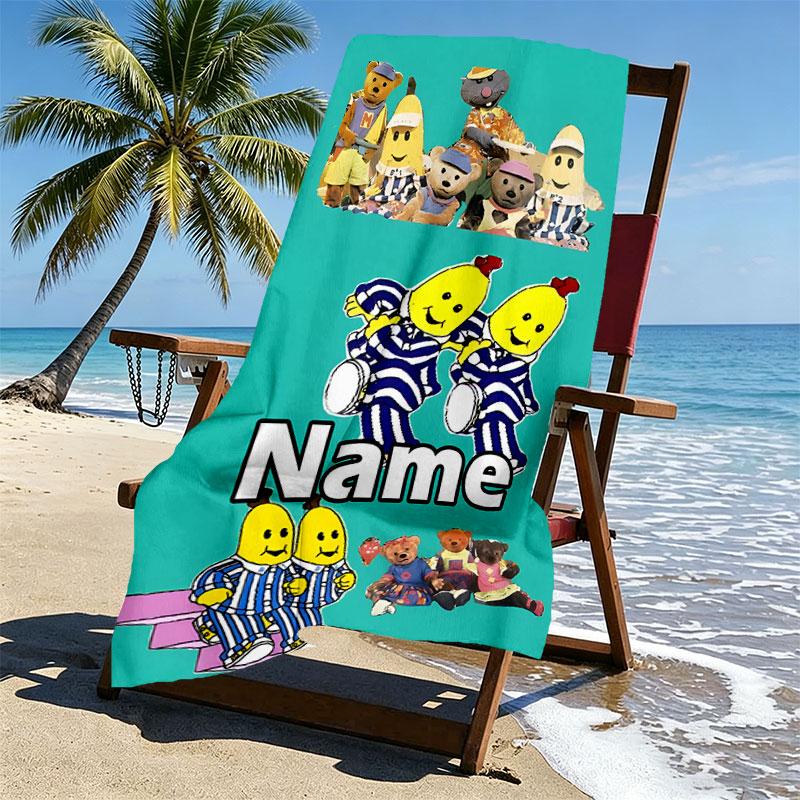 Custom Name Personalized Bananas in Pyjamas Print Beach Towel, for Trip Camping Beach Party Home Decor, Birthday Gift for Family & Friends