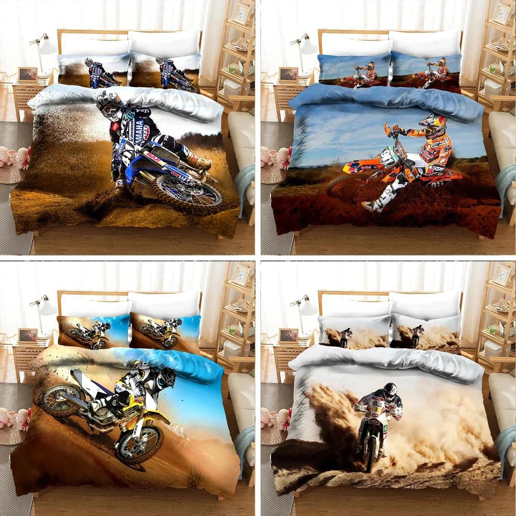 Luxury Bedding Set Motorcycle Print Duvet Cover Set with Pillowcase Motocross Bedspread Boy's Bed Set