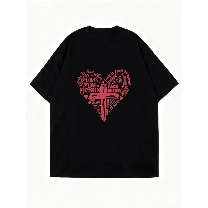 Women Casual T-Shirt White Heart Cross Faith Jesus Love God Religious Christian Design For Daily Wear Church Outfits