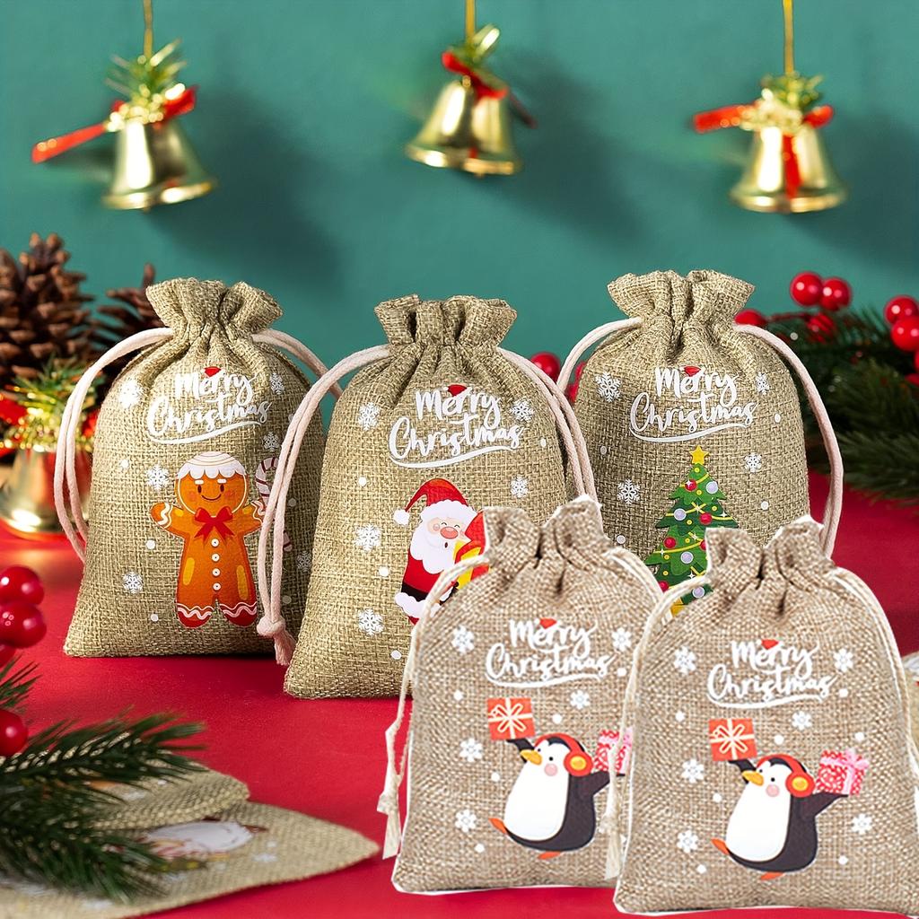 8/32pcs Christmas Burlap Gift Bags with Drawstring - Festive Linen Holiday Party Favors, Small Jute Bags for Gift Wrapping
