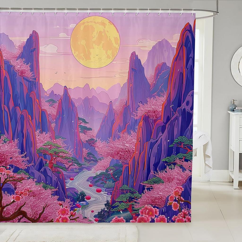 Japanese Samurai Bath Curtain Boys Girls  Landscape Shower Curtain for Kids Women Men Waterproof Sunset Bathroom Shower Curtain
