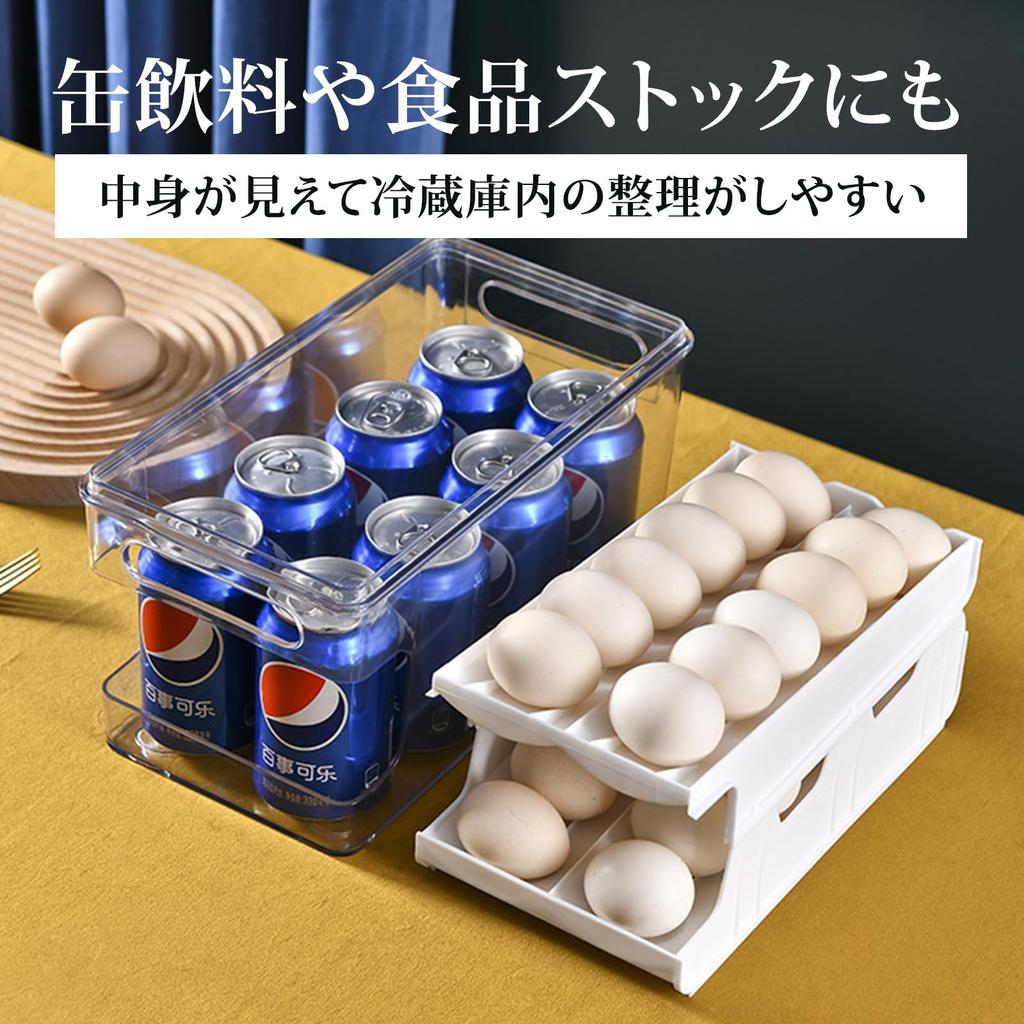 Egg tray for refrigerator, holds 24 eggs, automatic refilling, 2-tier design, sliding lid, convenient storage.
