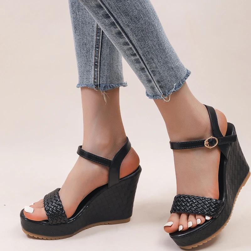 Fashion Woven Pu Leather Black Sandals for Women Summer 2025 Back Strap High Heel Sandal Female New Open Toe Platform Sandalias Mujer