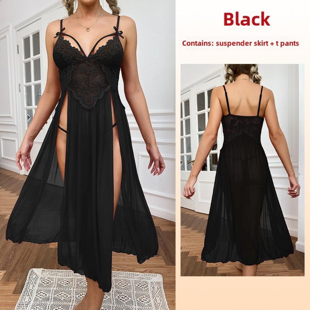 Large Size Sexy Mesh Deep V Lace Pajamas Side Split Suspender Skirt Extended Loungewear Nightdress