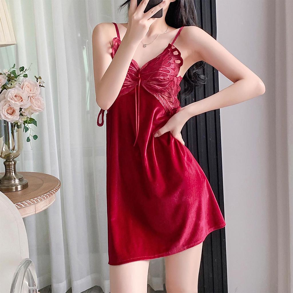 Women's Gold Velvet Butterfly Lace Pajama Set – Camisole and Beautiful Back Sleepwear with Chest Pads for Autumn/Winter.