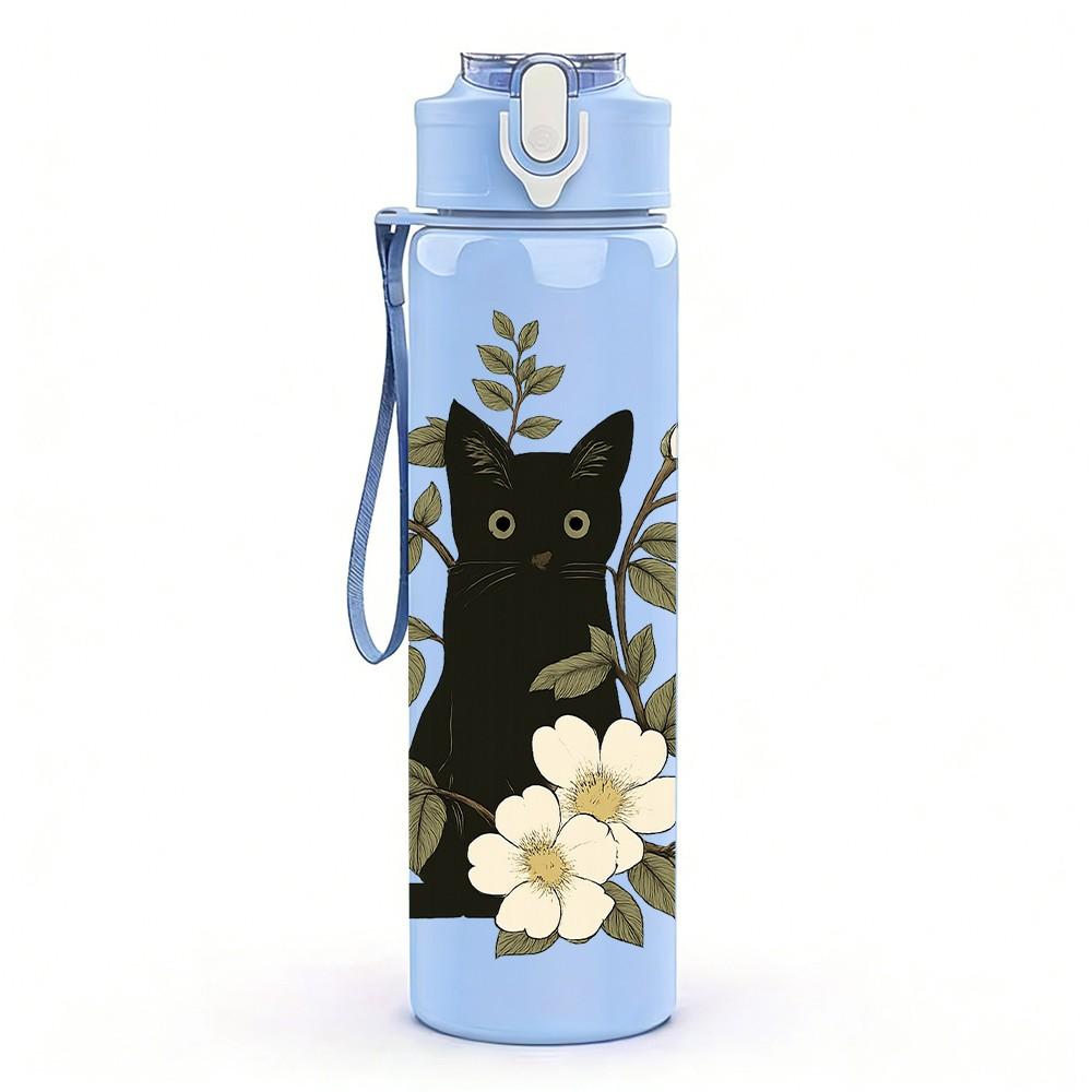 1PC Floral Black Cat Art 750ml Color Plastic Sports Water Bottle Leakproof Flip Straw Lid Suitable for Sports Office Home Use
