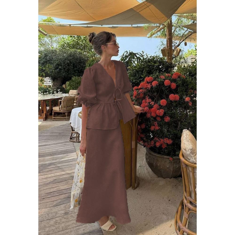 

Spring and summer Europe, America, women s new temperament bubble sleeves V-neck lace-up top high-waisted skirt set L коричневий