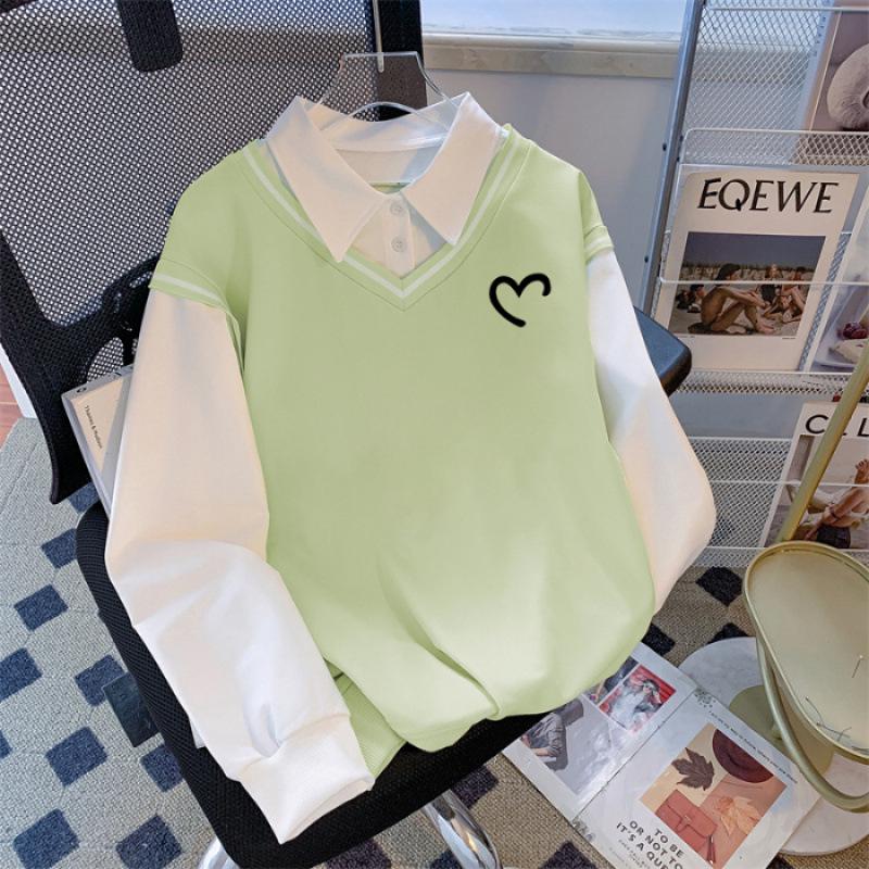 2024 Autumn Women's High-End Spliced Polo Sweatshirt - Long Sleeve, Loose, Slimming, Versatile Design