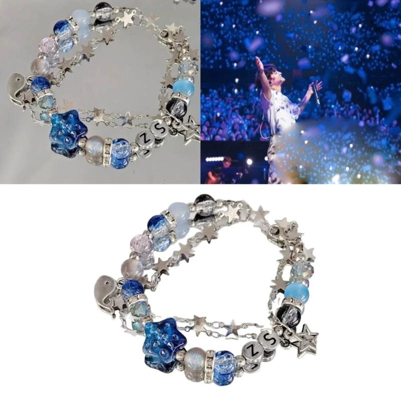 Trendy Blue Crystal Beads Bracelets for Women Girls Harajuku Cute Handmade Star Metal Chain Bracelet Best Friend Jewelry Gifts