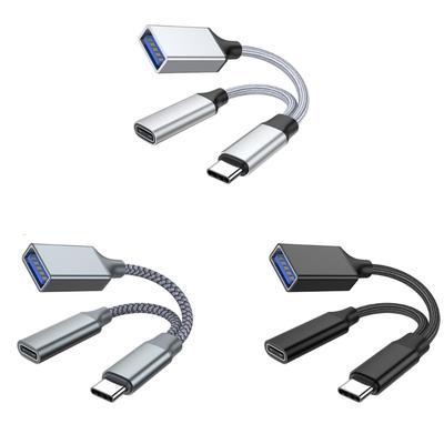 USB C OTG Adaptér, 2 v 1 USB C Rozbočovač s PD10W Rychlonabíjením Type-C Otg a USB A Samicí Portem Pletený Nylonový Kabel