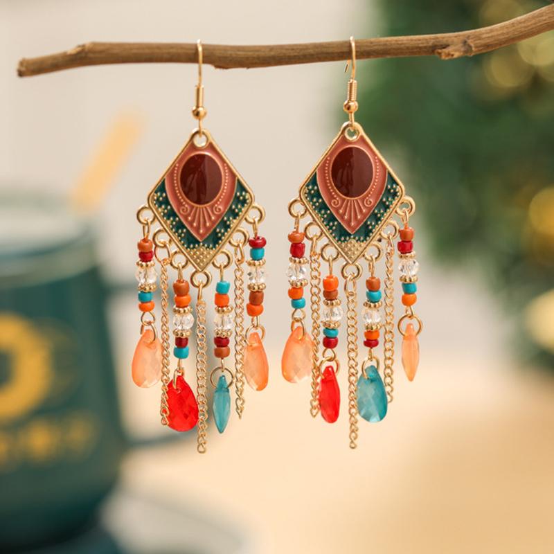 Bohemian Water Drop Earrings for Women Enamel Rhombus Rice Bead Chain Tassel Earrings Ethnic Female Vacation Jewelry
