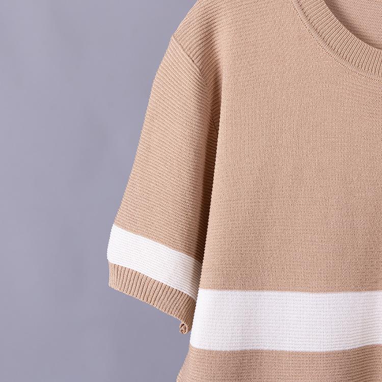 Color Block Striped Knit Top & High Waist Wide Leg Trousers Two-Piece Set