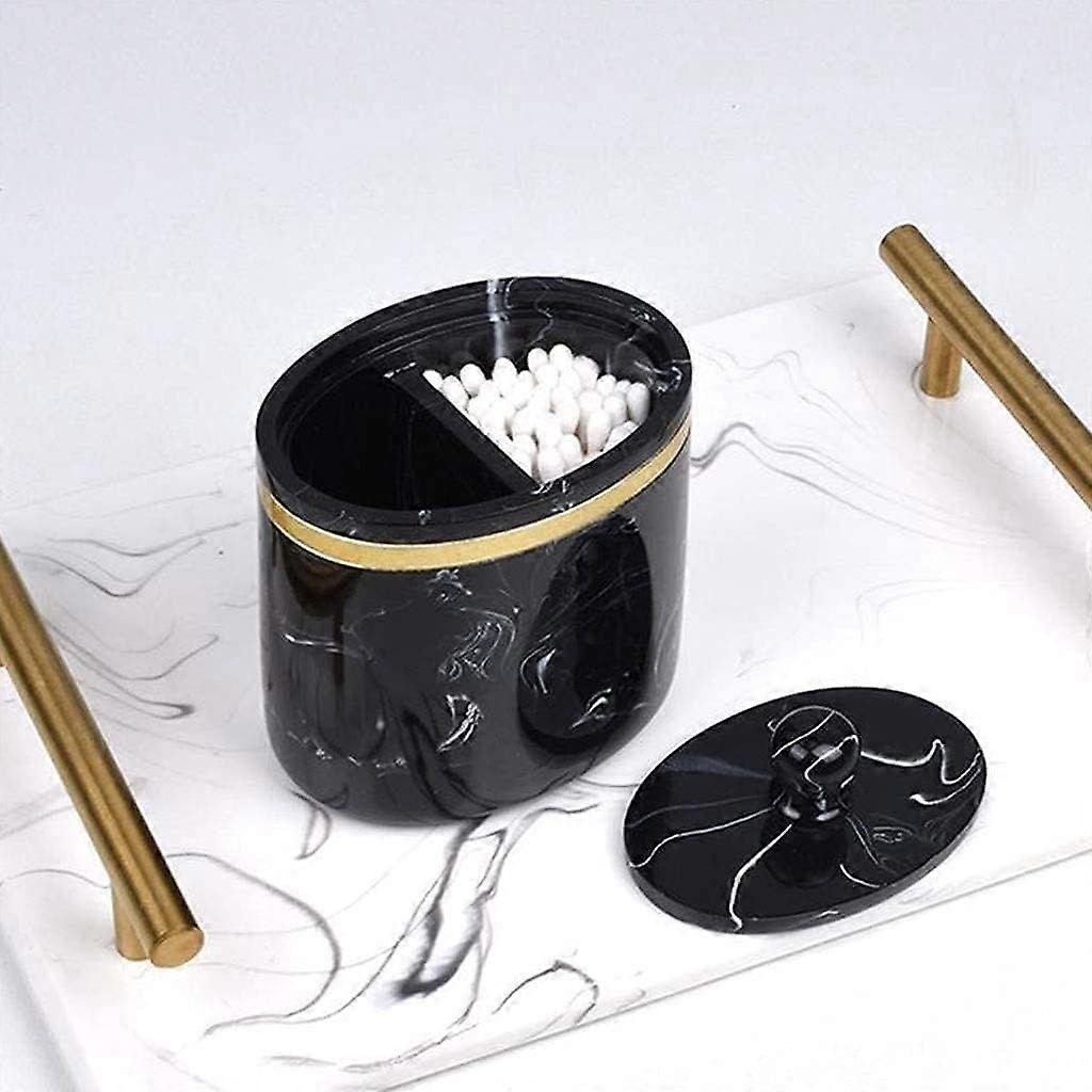 Cotton Swab Holder Toothpick Dispenser 2 Compartments Makeup Organizer Marble Look Storage Box with Waterproof Lid (Black)