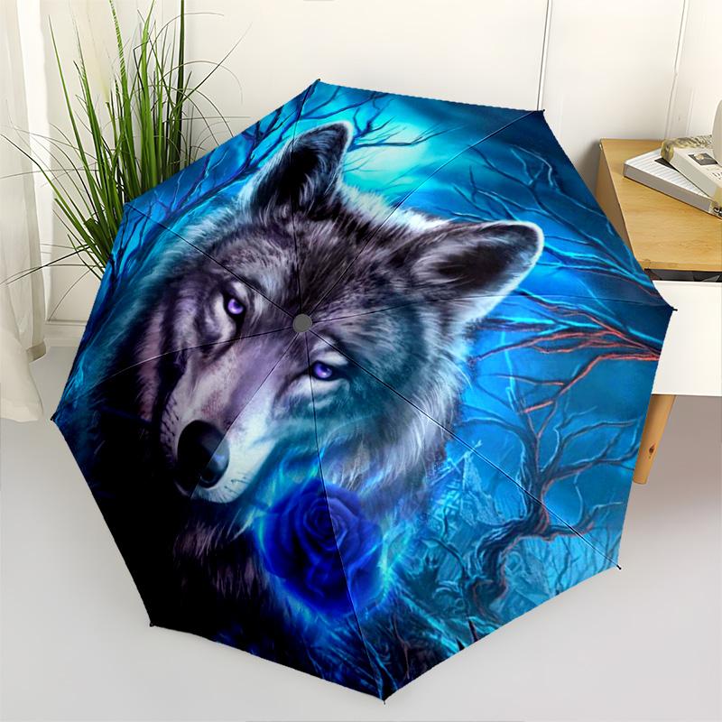1 Stück Wolf Regenschirm Tragbarer Faltregenschirm Eisenrahmen Lochknochenstruktur Outdoor Heimregenschirm
