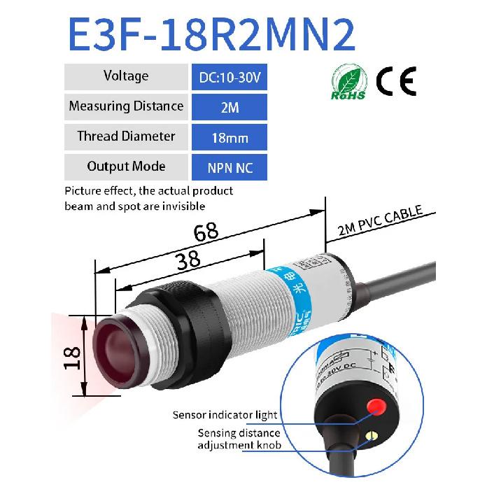 

GTRIC Photoelectric Sensor Retro-reflective Sensing Distance 2M 10-30V 3-wire NPN PNP 90-250VAC Photo Switch With Reflector 2M DC 3-wireNPN NC