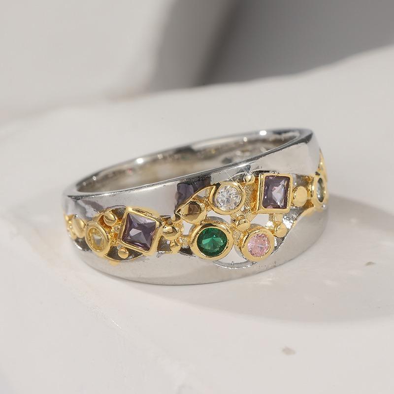 Vintage Two Color Inlaid Multicolored CZ Women's Ring Geometry Hollow Daily Wear Party Jewelry