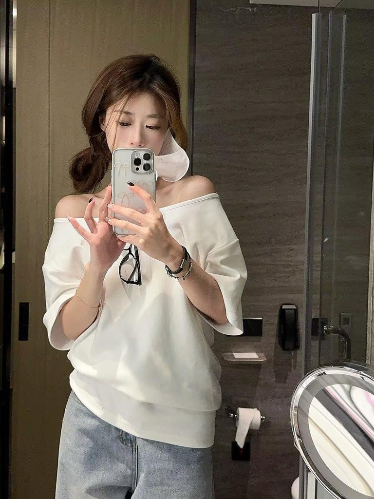 Spicy Girl Asymmetrical Neck Short-Sleeve T-Shirt - Women's Summer 2025 Korean Style Loose Slimming Top