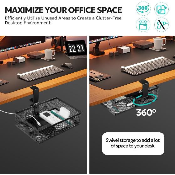 Under Desk Drawer Organizer Clamp On - 360° Swivel Metal Mesh Storage Basket, Hidden Rotating Desktop Tray for Standing Desk, Office Supplies &