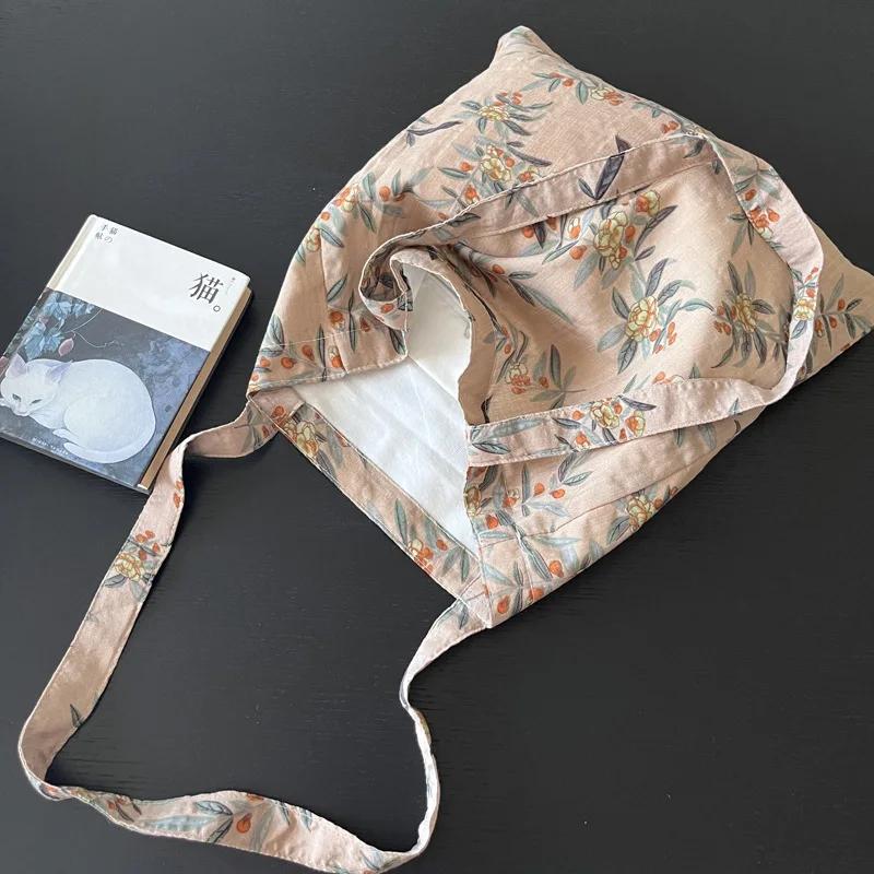 Retro Elegant Flower Women's Shoulder Bag Thin Cott Cloth Ladies Travel Shopping Bags Large Capacity Female Underarm Handbags