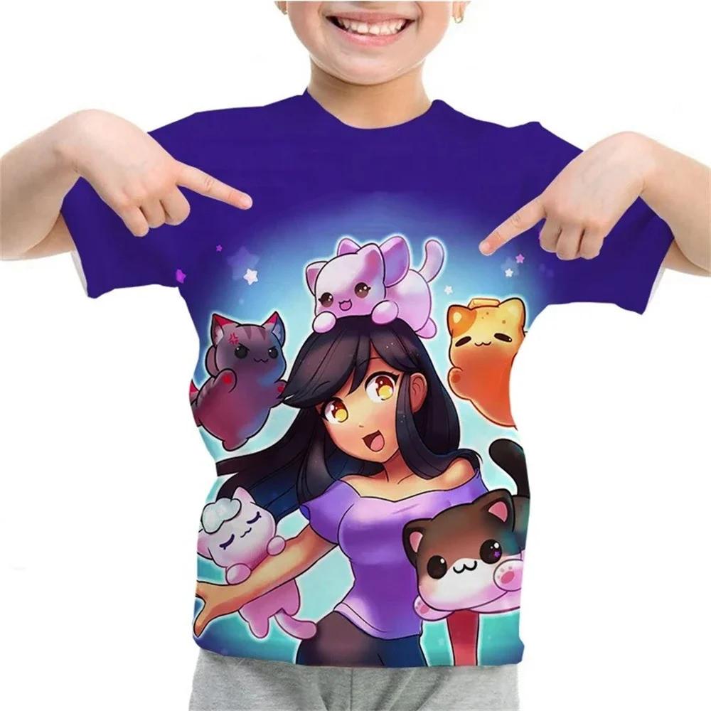Aphmau Dětské tričko s 3D potiskem Kawaii Anime styl pro kluky a holky Měkké a pohodlné Topy s krátkým rukávem