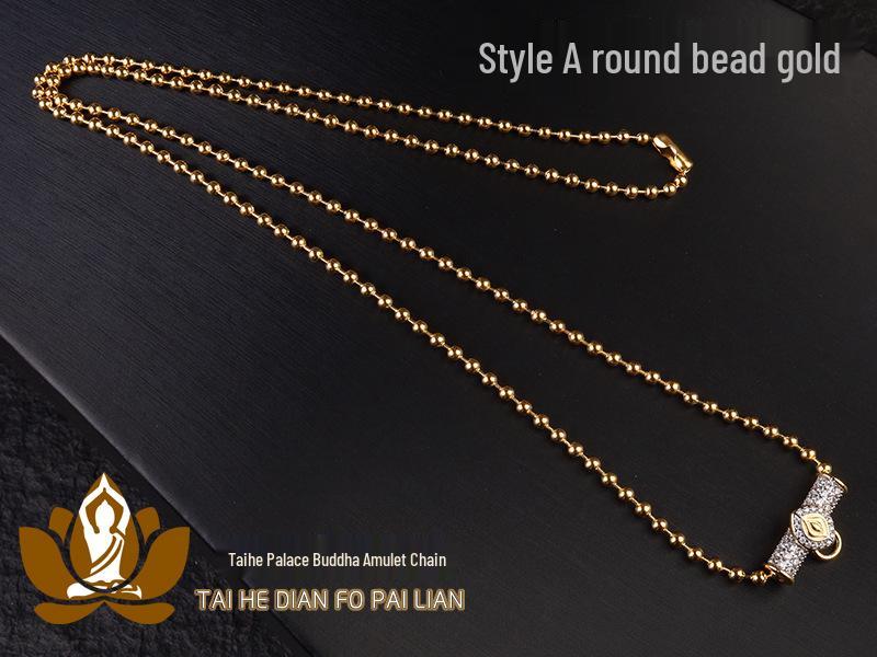 Thai Metal Buddha Amulet Necklace with Titanium Steel Beads, Curved Tubes, Micro-Paved Zircon, Nebula Eye, Butterfly, and Diamond-Set Chain.