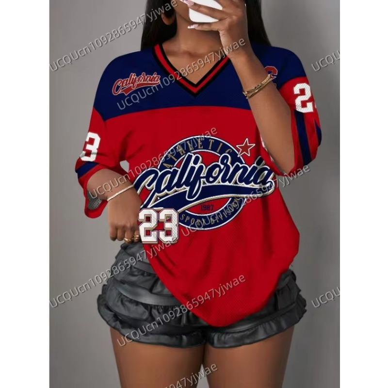 Sommer Damen Kurzarm V-Ausschnitt Oversize T-Shirt Damen Weiß Mode Damen T-Shirt 3D Druck Top Freizeitkleidung