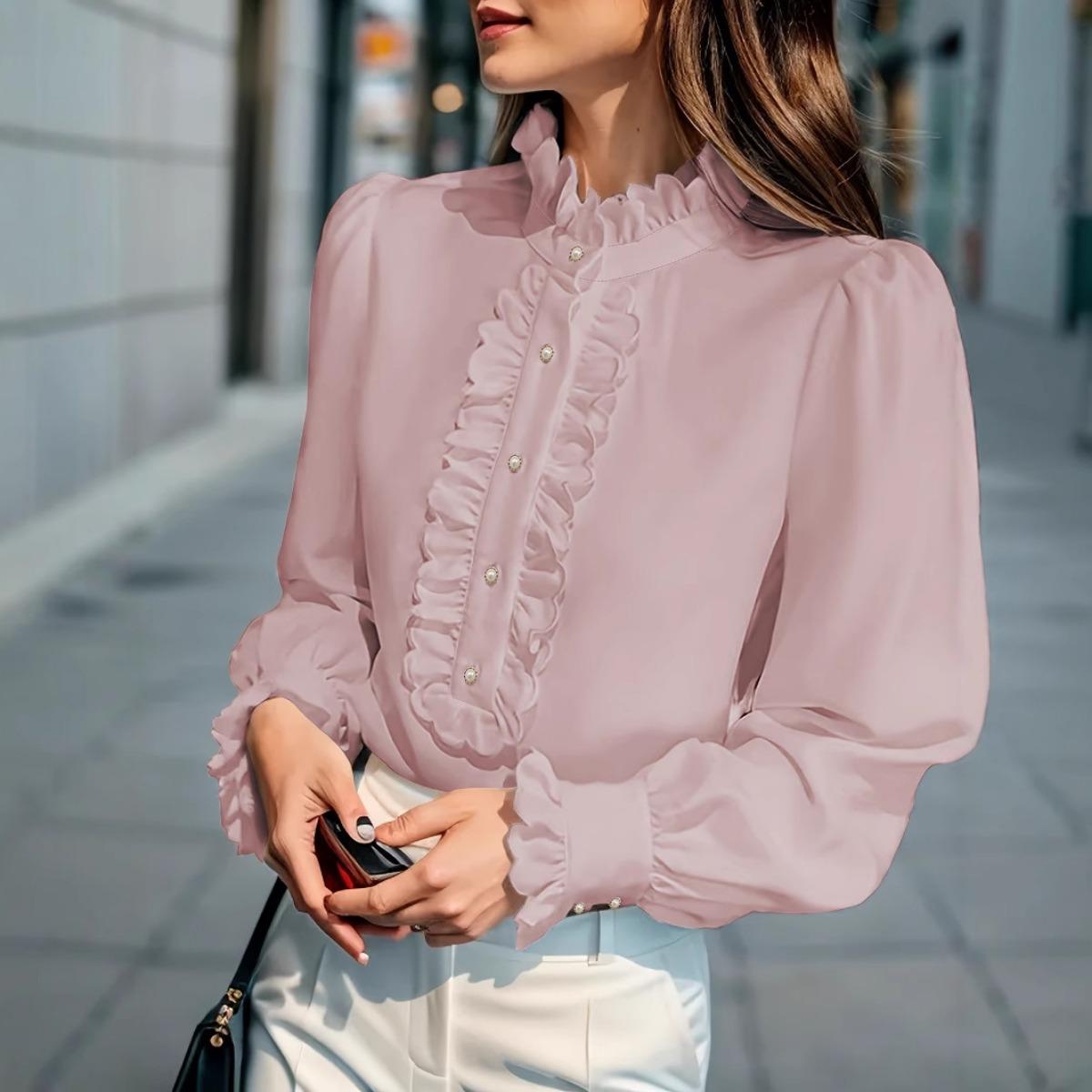 

Spring Autumn New Women s European American Style Long Sleeve Blouse Elegant Casual Commuter All Season Women Shirt XXL рожевий