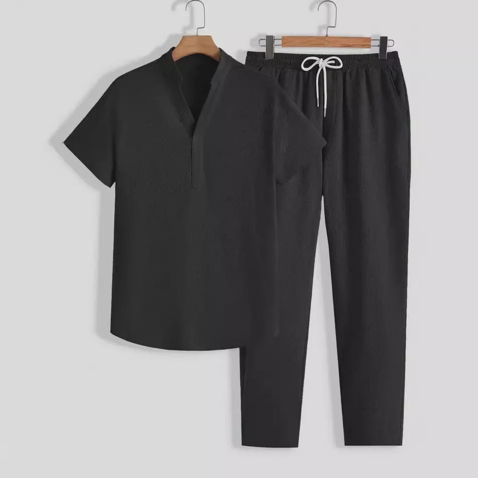 2026 Summer Men's Casual Sports Suit - Short Sleeve & Long Pants, Solid Color