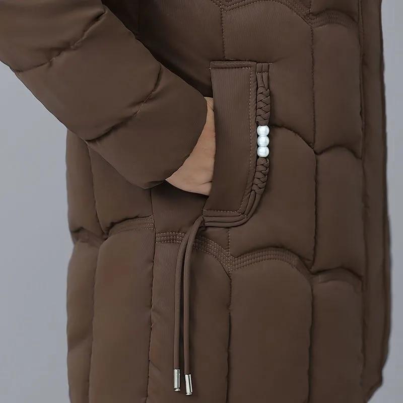Women's Winter Thickened Hooded Parkas Quilted Long Pockets Middle Aged Female Overcoat