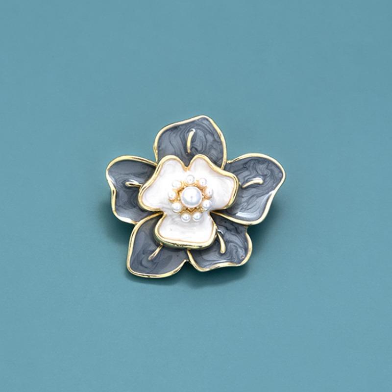 Xiaoxiangfeng Camellia Pearl Brooch, Elegant Enamel Painted Flower Pin